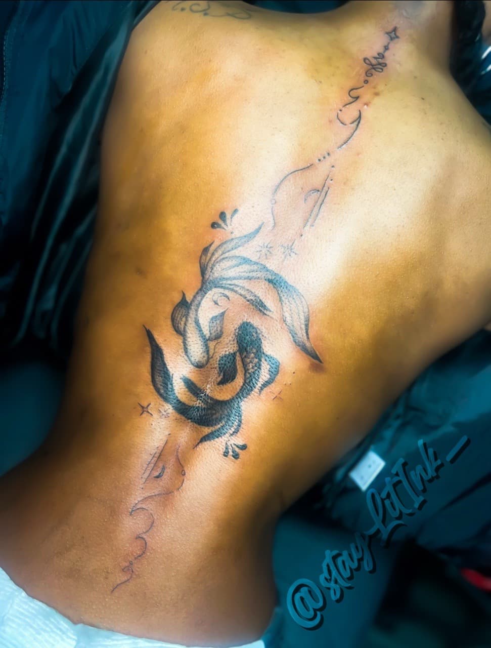 Fine Line + Black & Grey fish tattoo on Upper Back by staylitink on TattMe
