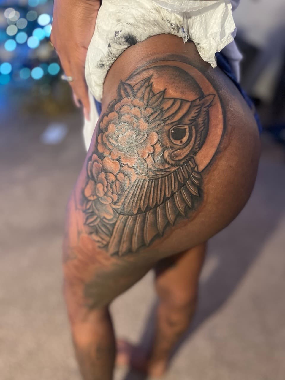 Black & Grey + Illustrative owl tattoo on Thigh by staylitink on TattMe