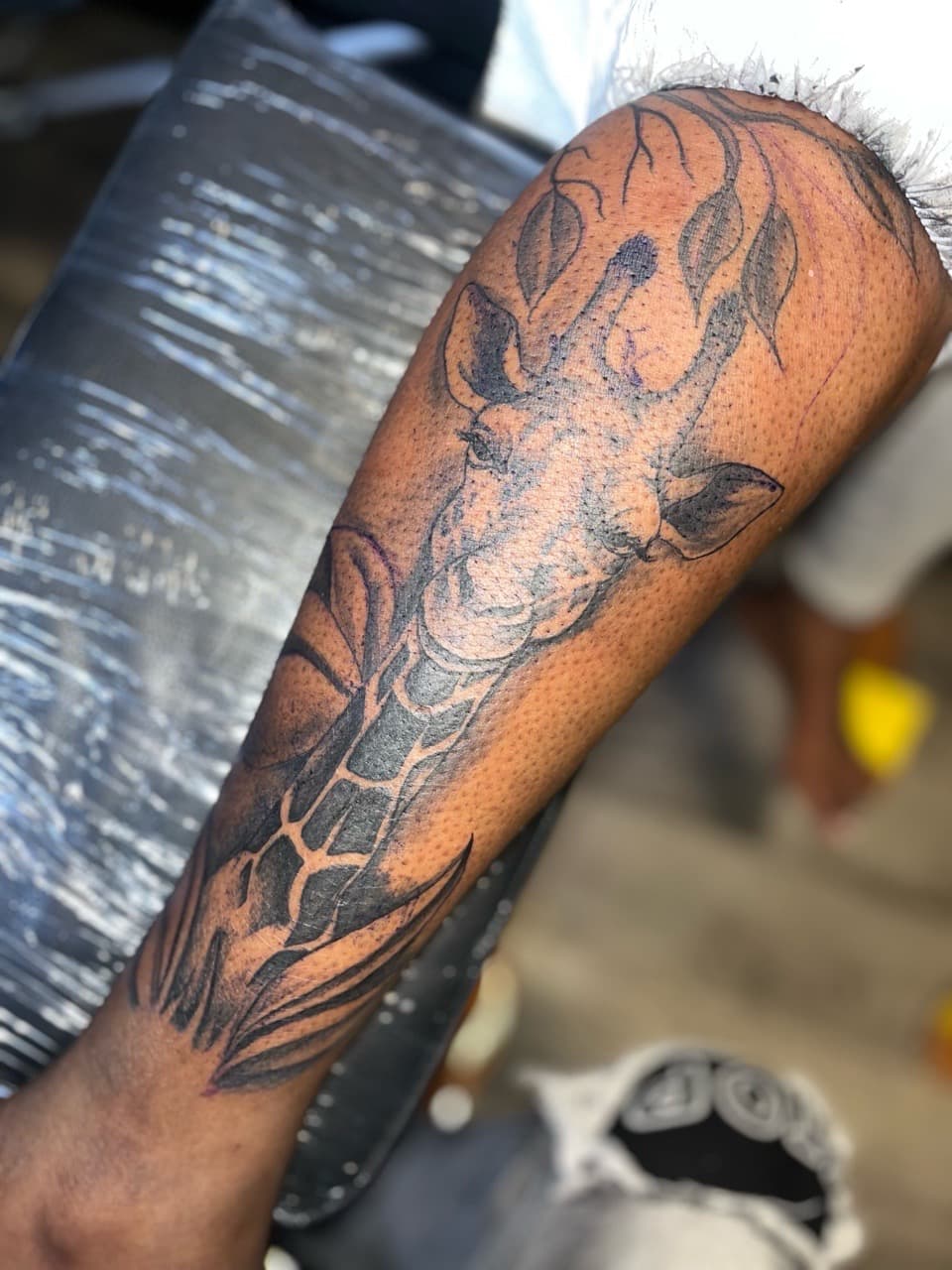 Black & Grey + Illustrative giraffe tattoo on Calf by staylitink on TattMe
