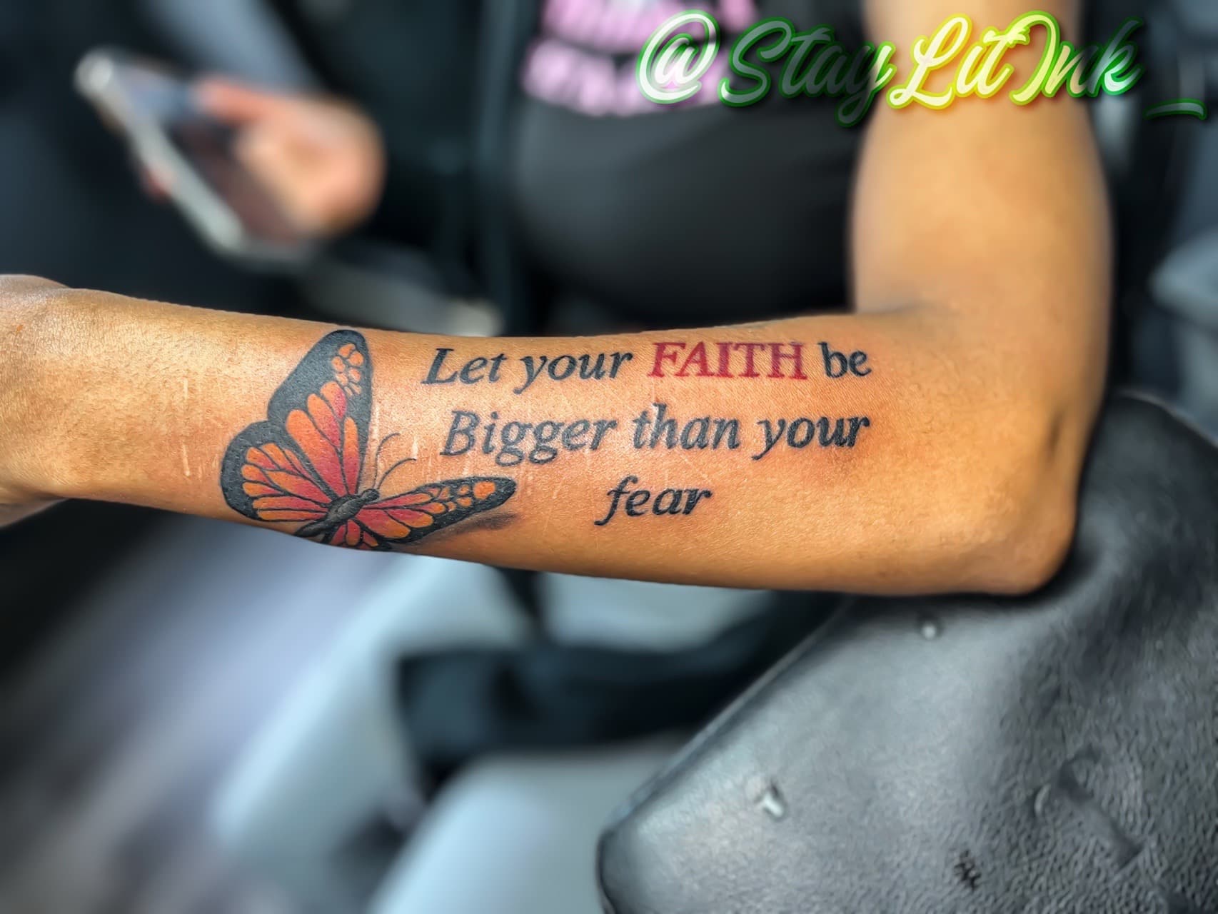 Color + Lettering butterfly tattoo on Forearm by staylitink on TattMe