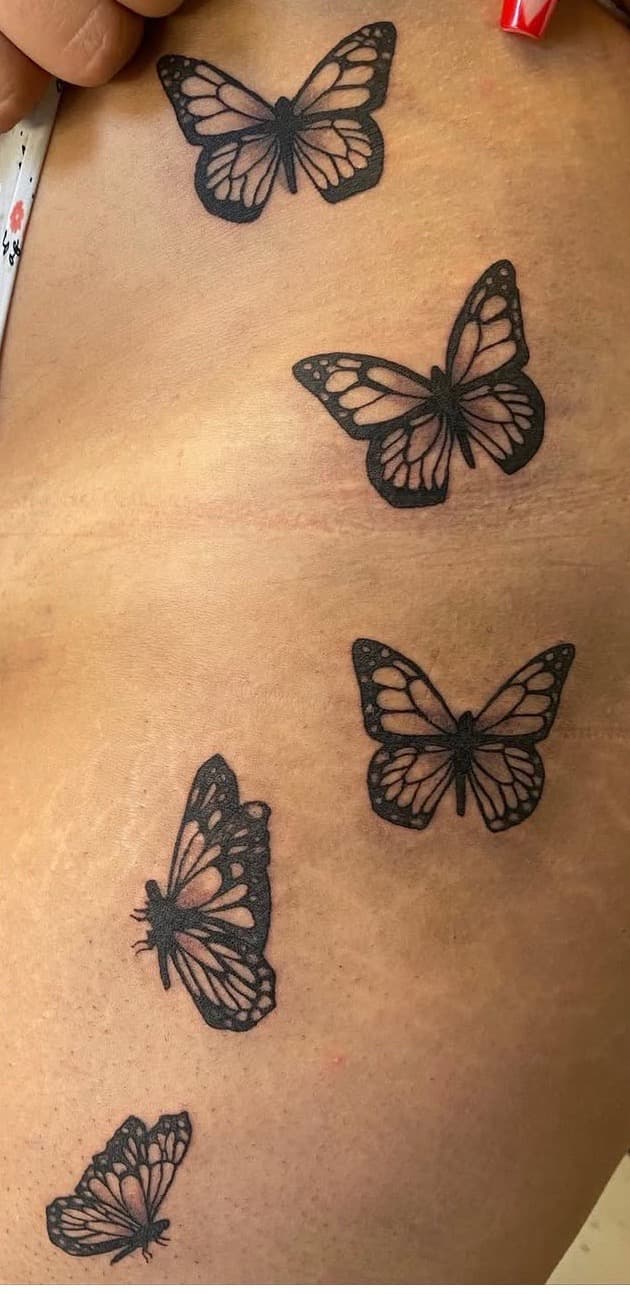 Fine Line + Black-work butterflies tattoo on Side (Torso) by Soul_Artist_Ink on TattMe