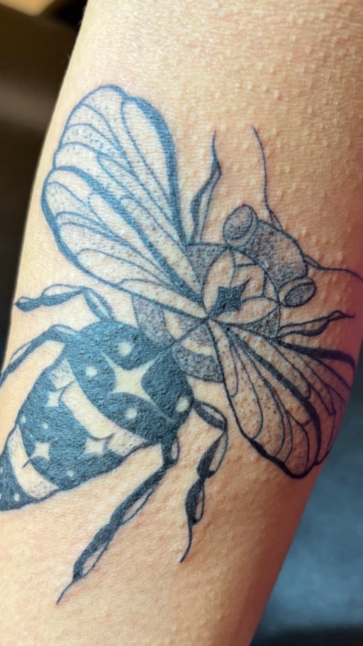 Black-work + Illustrative bee tattoo on Upper Arm by Soul_Artist_Ink on TattMe
