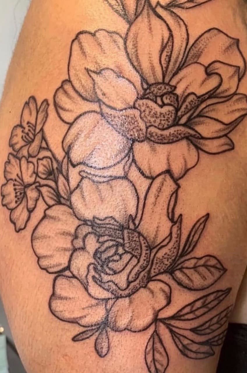 Floral + Black-work flowers tattoo on Upper Arm by Soul_Artist_Ink on TattMe
