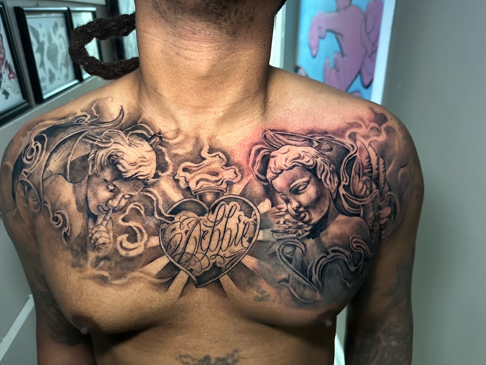 Black & Grey + Realism angel tattoo on Chest by Cael_Tattoos on TattMe