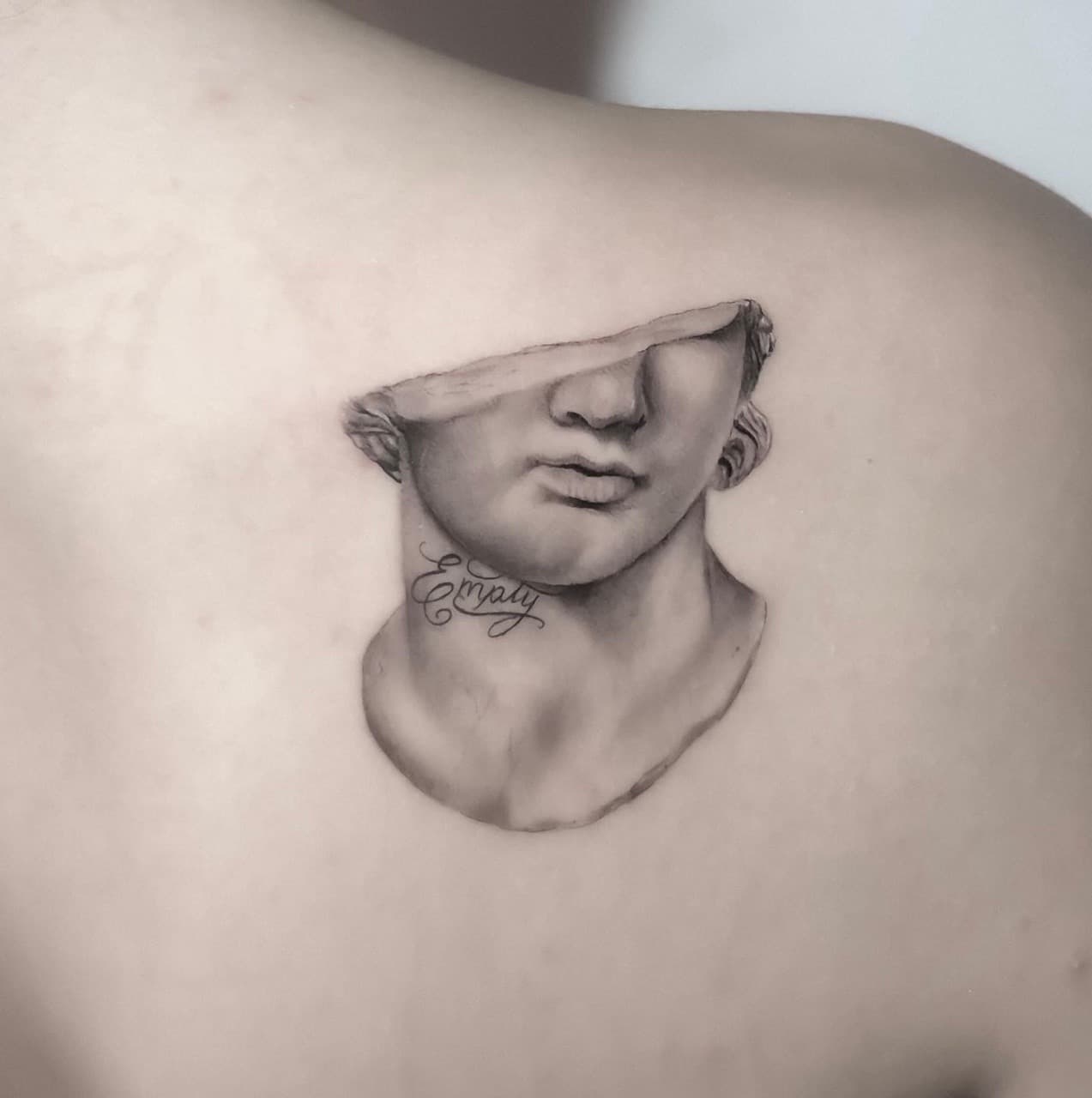 Black & Grey + Illustrative Realism sculpture tattoo on Shoulder Blade by Cael_Tattoos on TattMe