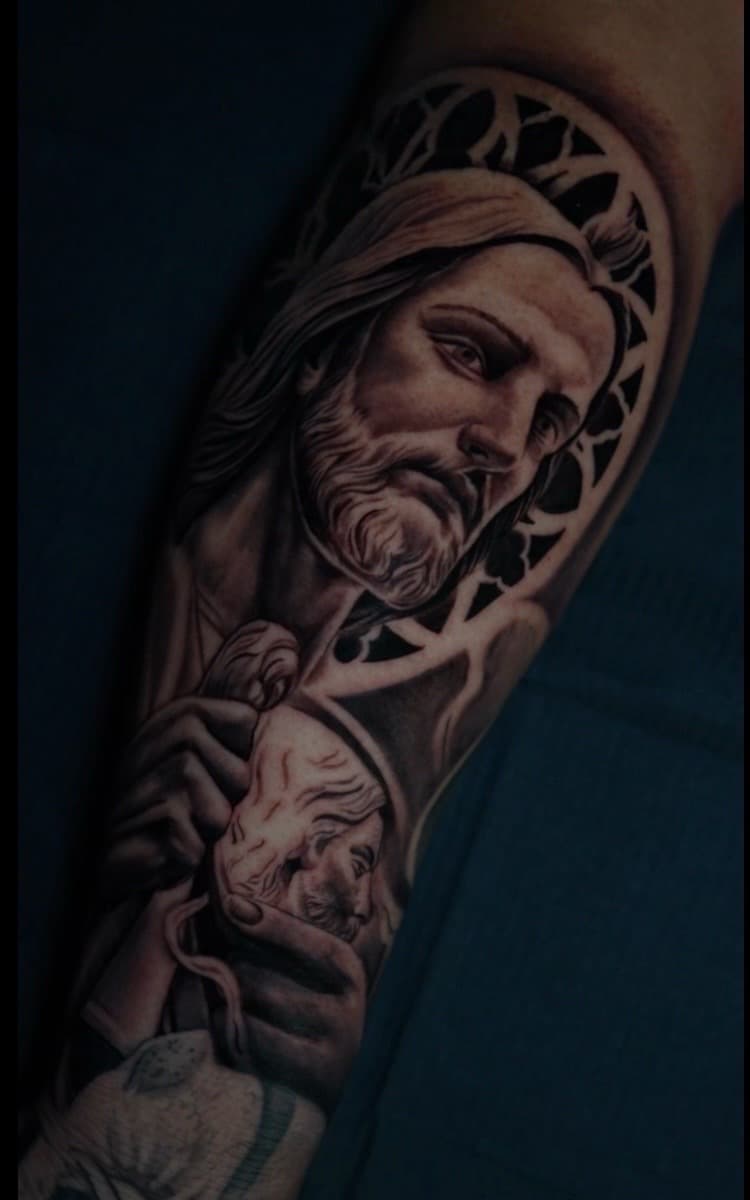 Black & Grey + Realism jesus tattoo on Forearm by Cael_Tattoos on TattMe