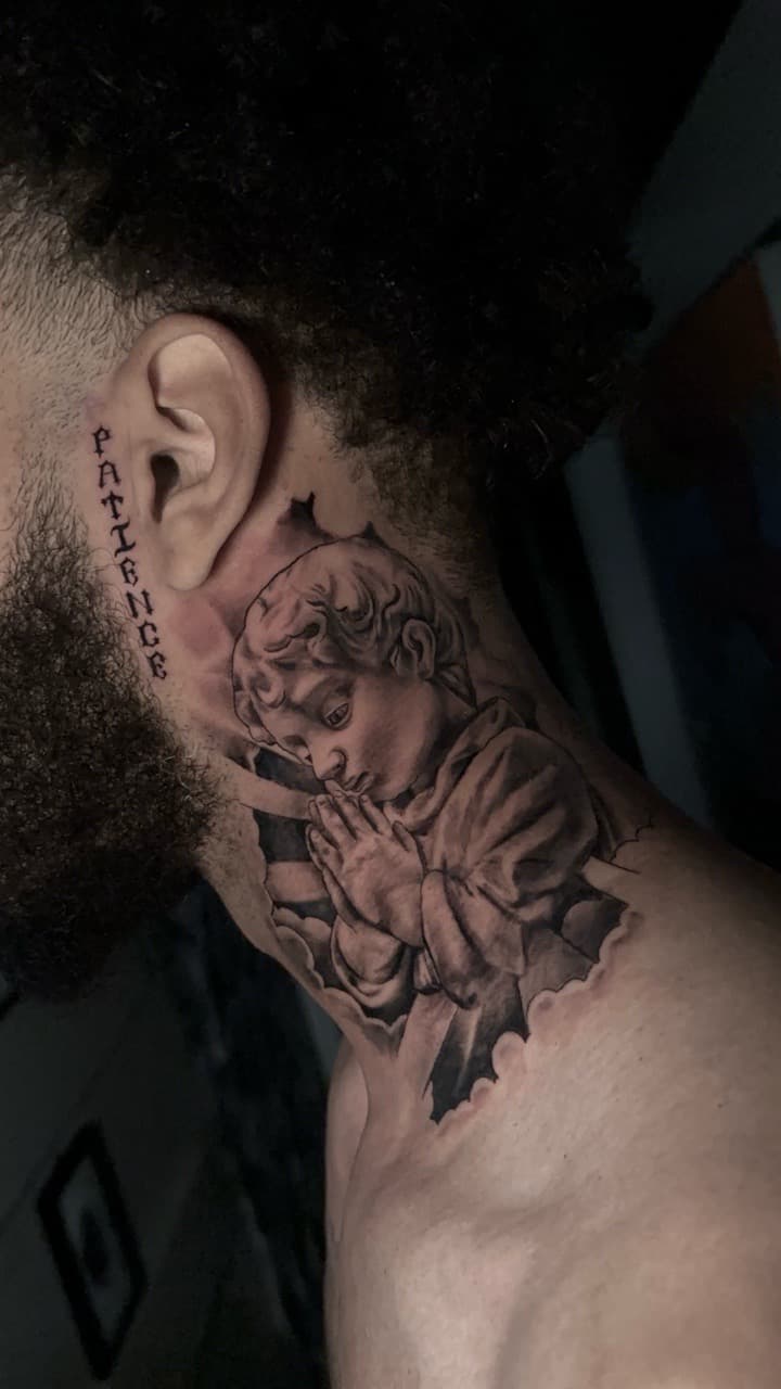 Black & Grey + Realism angel tattoo on Neck (Side) by Cael_Tattoos on TattMe