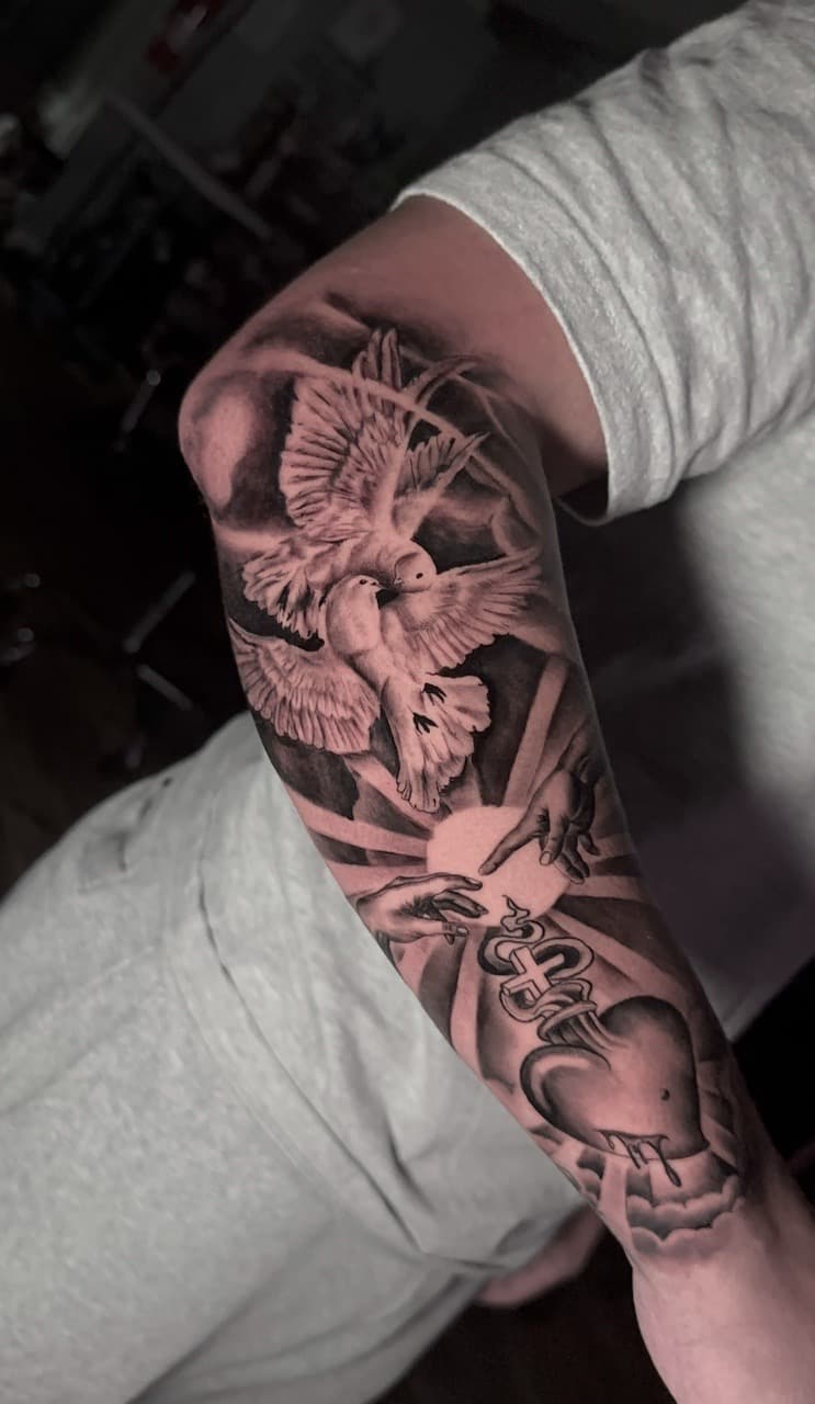 Black & Grey + Realism doves tattoo on Half Sleeve by Cael_Tattoos on TattMe
