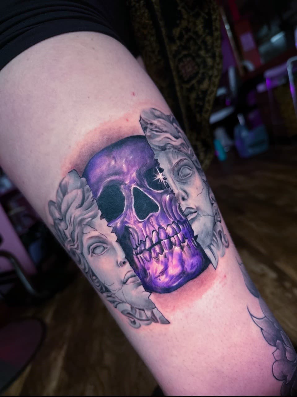 Color + Illustrative skull tattoo on Thigh by Cael_Tattoos on TattMe