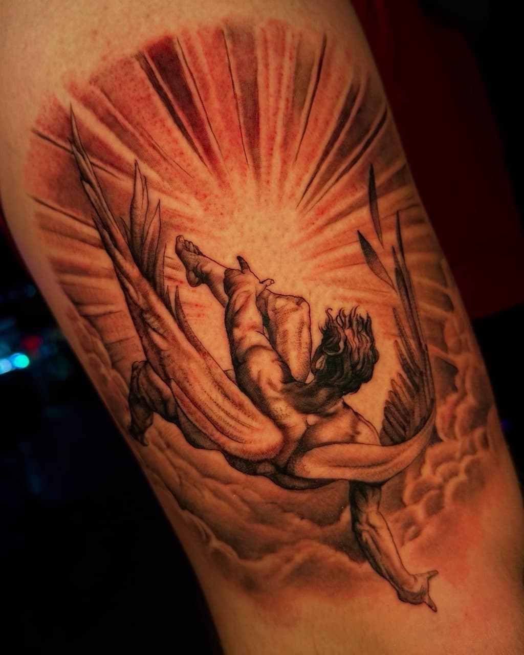 Realism + Black & Grey fallen angel tattoo on Upper Arm by Cael_Tattoos on TattMe