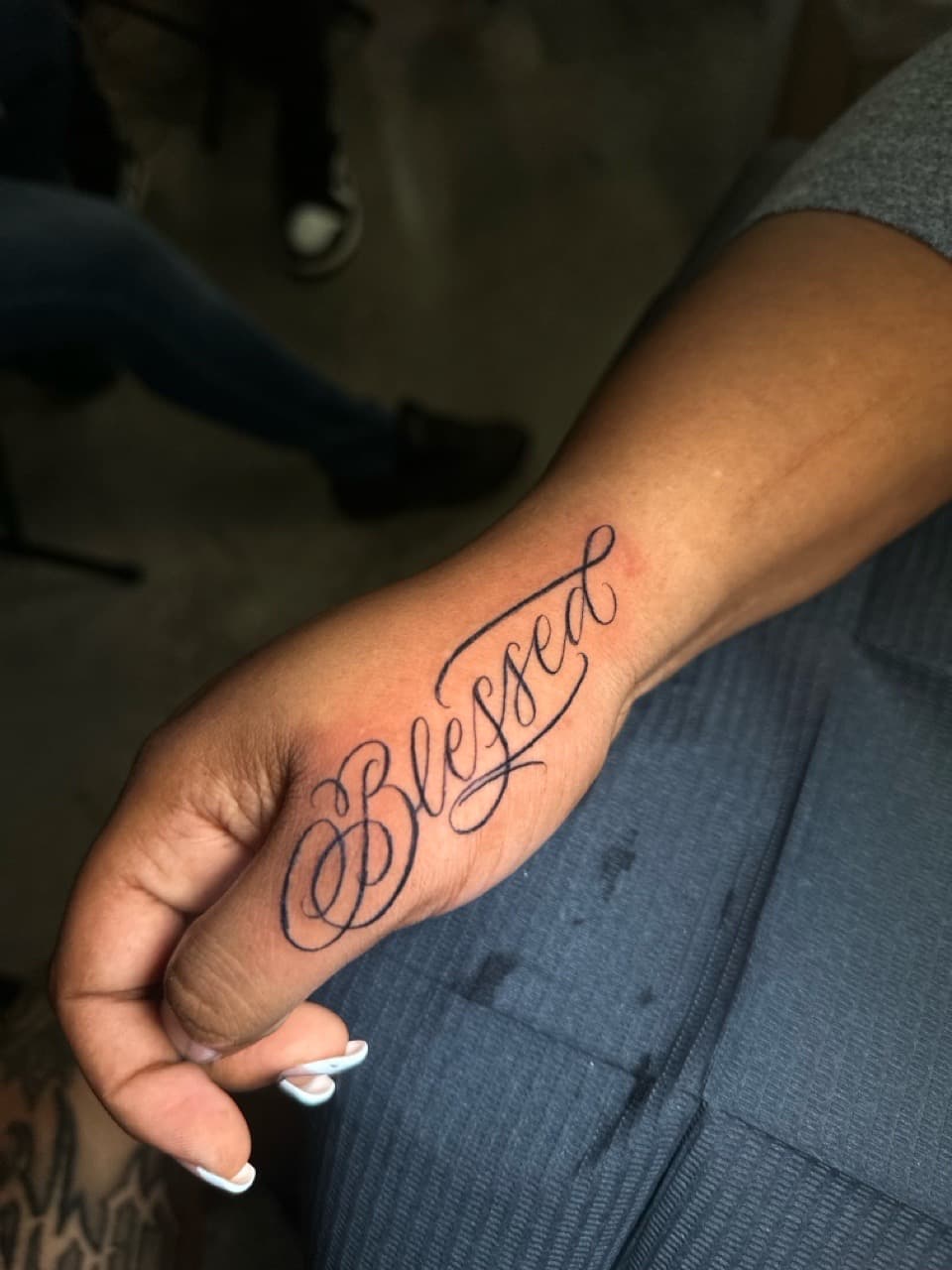 Lettering + Script blessed tattoo on Hand by Cael_Tattoos on TattMe