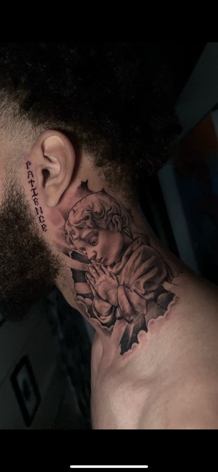 Black & Grey + Realism cherub tattoo on Neck (Side) by Cael_Tattoos on TattMe