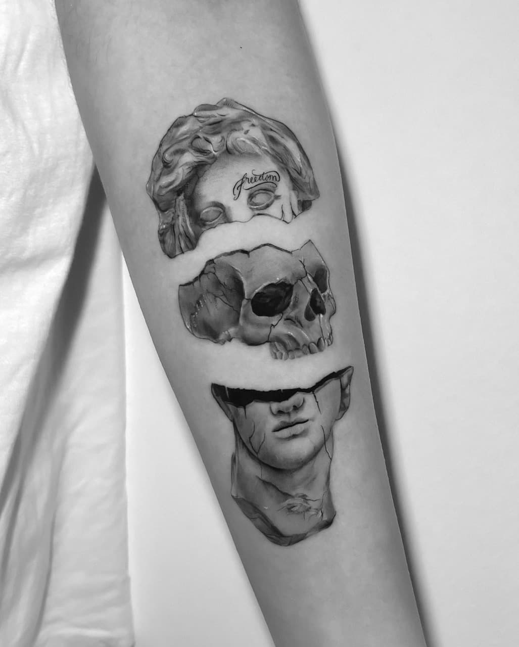 Black & Grey + Realism statue tattoo on Forearm by Cael_Tattoos on TattMe