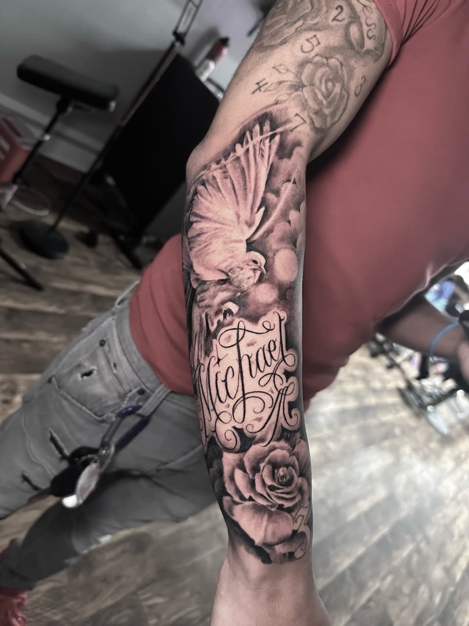 Black & Grey + Realism dove tattoo on Half Sleeve by Cael_Tattoos on TattMe
