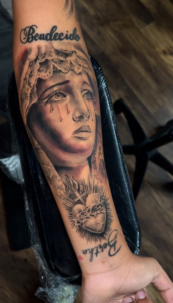 Black & Grey + Realism virgin mary tattoo on Forearm by Cael_Tattoos on TattMe
