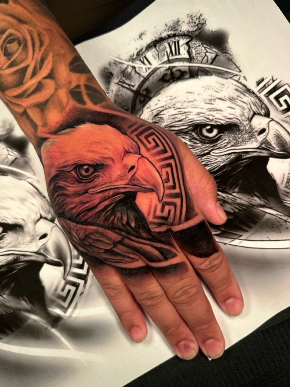 Realism + Black & Grey eagle tattoo on Hand by Cael_Tattoos on TattMe