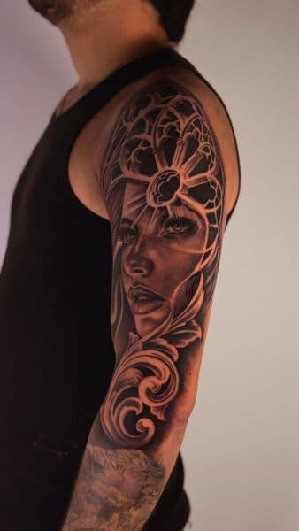 Black & Grey + Portrait Realism woman tattoo on Half Sleeve by Randy_SVGE on TattMe