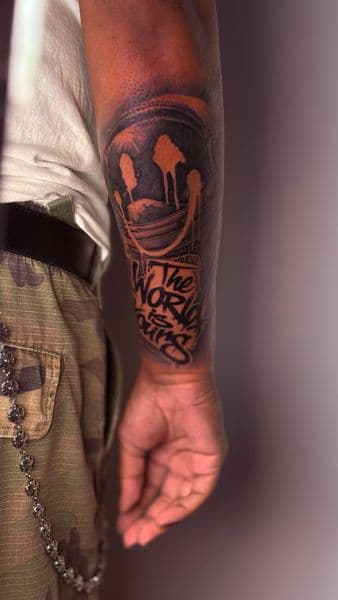 Black-work + Lettering smiley face tattoo on Forearm by Randy_SVGE on TattMe