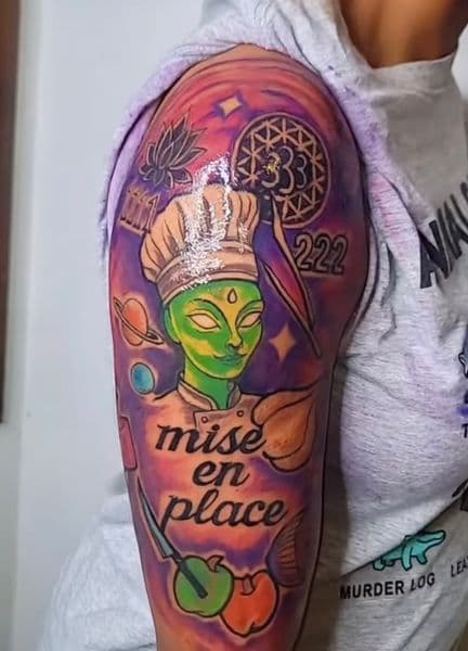 Color + Illustrative alien tattoo on Upper Arm by KroWnRell_Inc on TattMe