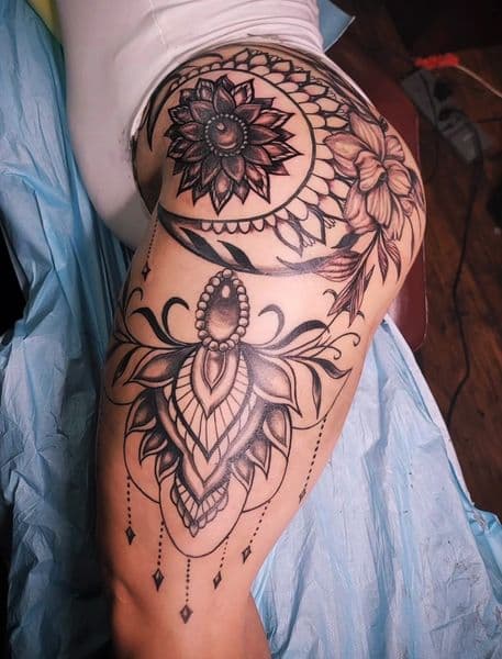 Black & Grey + Floral flower tattoo on Thigh by KroWnRell_Inc on TattMe