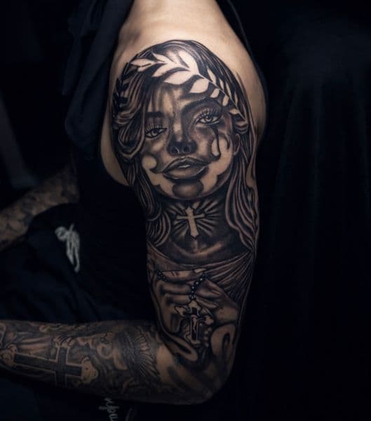 Black & Grey + Realism woman tattoo on Upper Arm by KroWnRell_Inc on TattMe