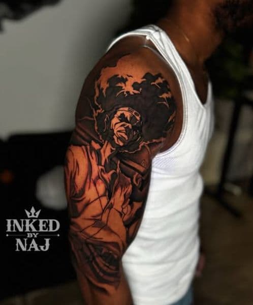 Black & Grey + Realism jimi hendrix tattoo on Half Sleeve by InkedByNaj on TattMe