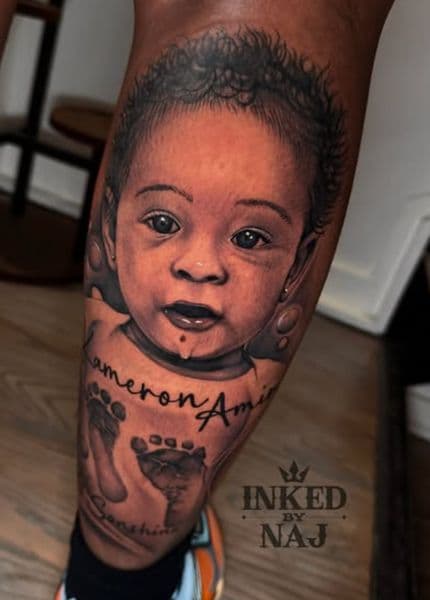 Realism + Black & Grey baby tattoo on Calf by InkedByNaj on TattMe