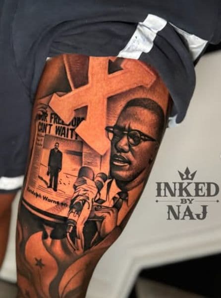 Realism + Black & Grey malcolm x tattoo on Thigh by InkedByNaj on TattMe