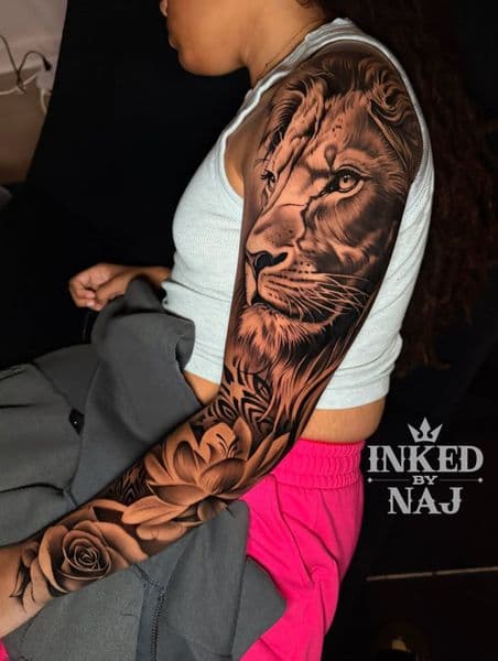 Black & Grey + Realism lion tattoo on Full Sleeve by InkedByNaj on TattMe