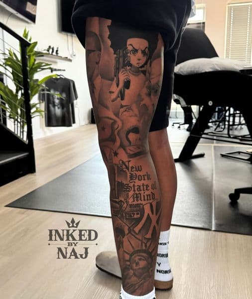Black & Grey + Illustrative Huey Freeman tattoo on Full Leg Sleeve by InkedByNaj on TattMe