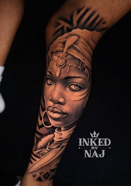 Realism + Black & Grey woman tattoo on Calf by InkedByNaj on TattMe