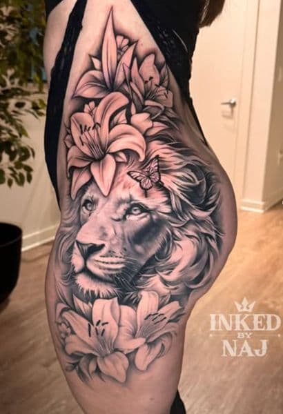 Realism + Black & Grey lion tattoo on Hip by InkedByNaj on TattMe