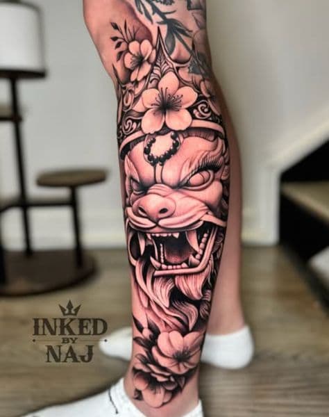 Black & Grey + Japanese foo dog tattoo on Calf by InkedByNaj on TattMe