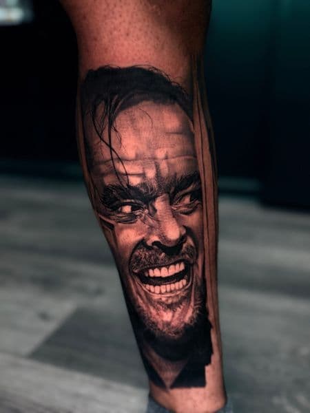 Realism + Black & Grey jack nicholson tattoo on Calf by Official_Ceda_Ink_ on TattMe