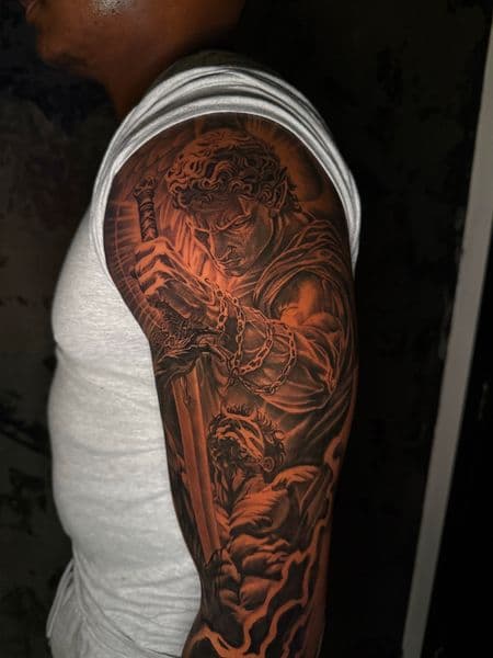 Black & Grey + Realism angel tattoo on Half Sleeve by Official_Ceda_Ink_ on TattMe