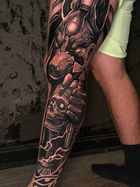 Black & Grey + Realism anubis tattoo on Full Leg Sleeve by Official_Ceda_Ink_ on TattMe