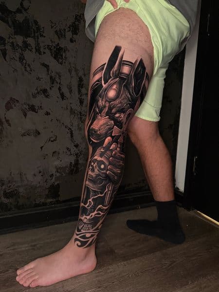 Black & Grey + Realism anubis tattoo on Full Leg Sleeve by Official_Ceda_Ink_ on TattMe