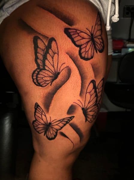 Fine Line + Black & Grey butterflies tattoo on Thigh by TreeHouseInkk on TattMe