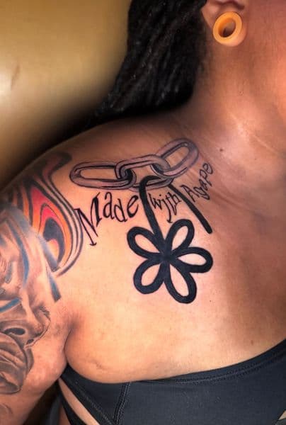 Black & Grey + Script chain tattoo on Shoulder by TreeHouseInkk on TattMe