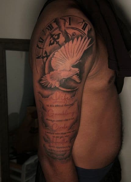 Black & Grey + Realism clock tattoo on Full Sleeve by TreeHouseInkk on TattMe