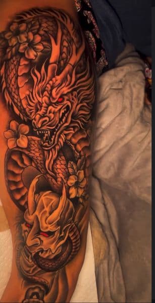 Japanese + Black & Grey dragon tattoo on Thigh by inkovahoez on TattMe