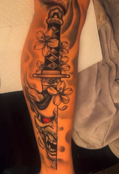 Black & Grey + Japanese hannya mask tattoo on Calf by inkovahoez on TattMe