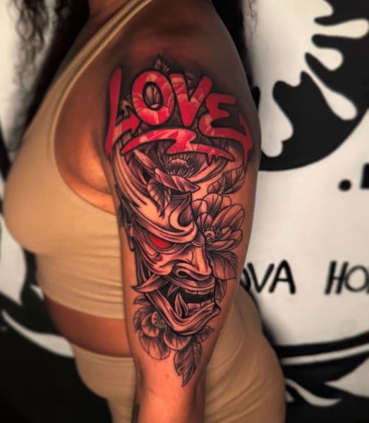 Black & Grey + Color hannya mask tattoo on Half Sleeve by inkovahoez on TattMe