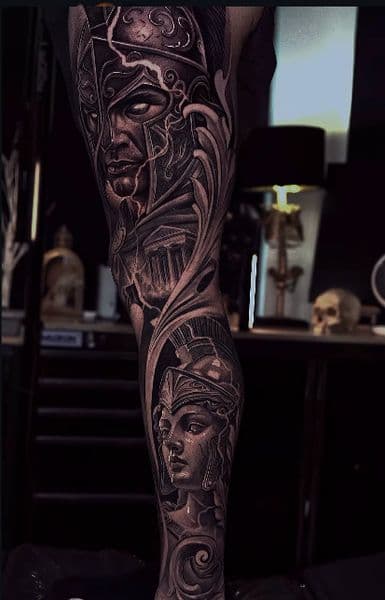 Black & Grey + Realism warrior tattoo on Full Leg Sleeve by Gonas_Art on TattMe