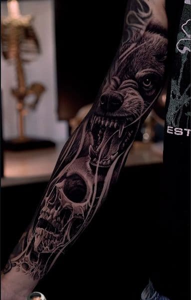 Realism + Black & Grey wolf tattoo on Full Sleeve by Gonas_Art on TattMe