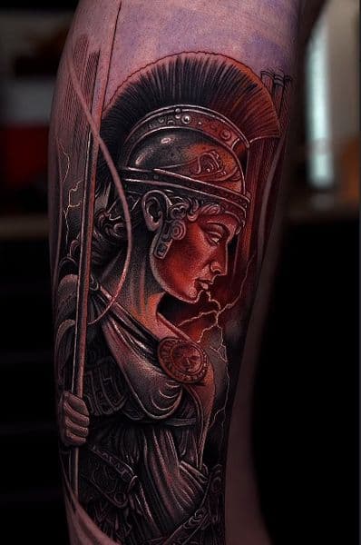 Realism + Illustrative warrior tattoo on Thigh by Gonas_Art on TattMe