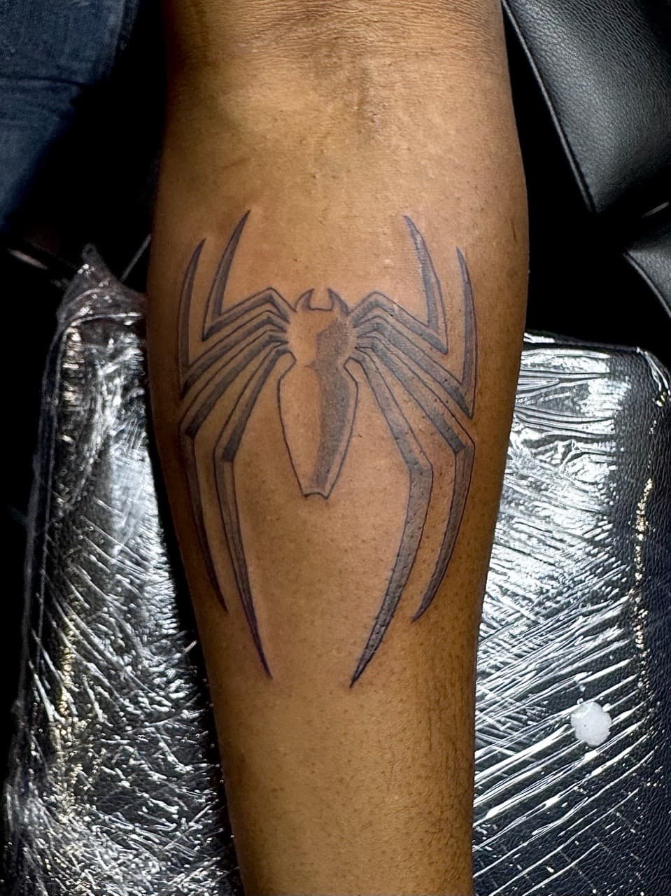 Black & Grey + Pop Culture spider tattoo on Calf by xRay_The_Artist on TattMe