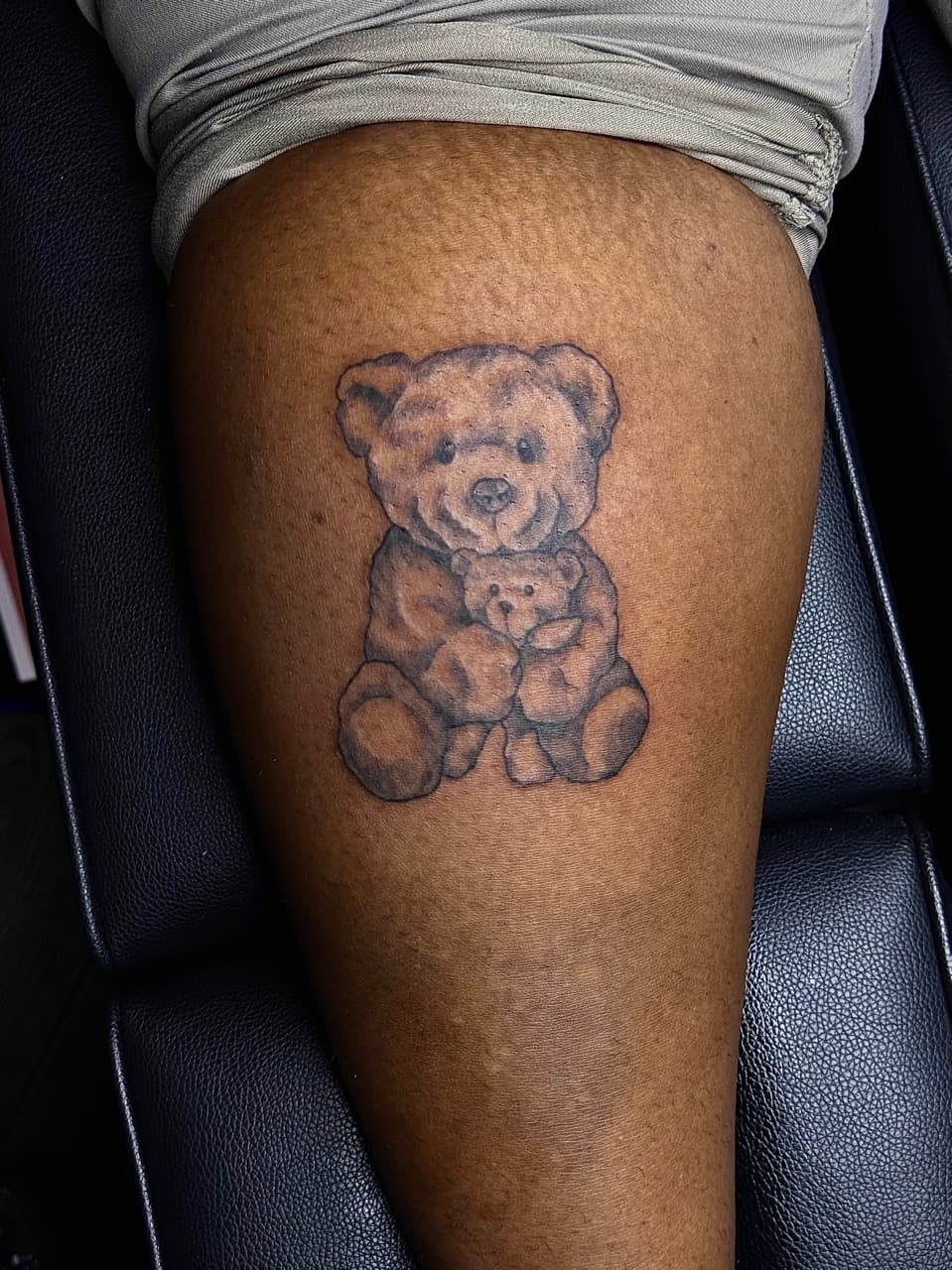 Black & Grey + Illustrative teddy bear tattoo on Thigh by xRay_The_Artist on TattMe