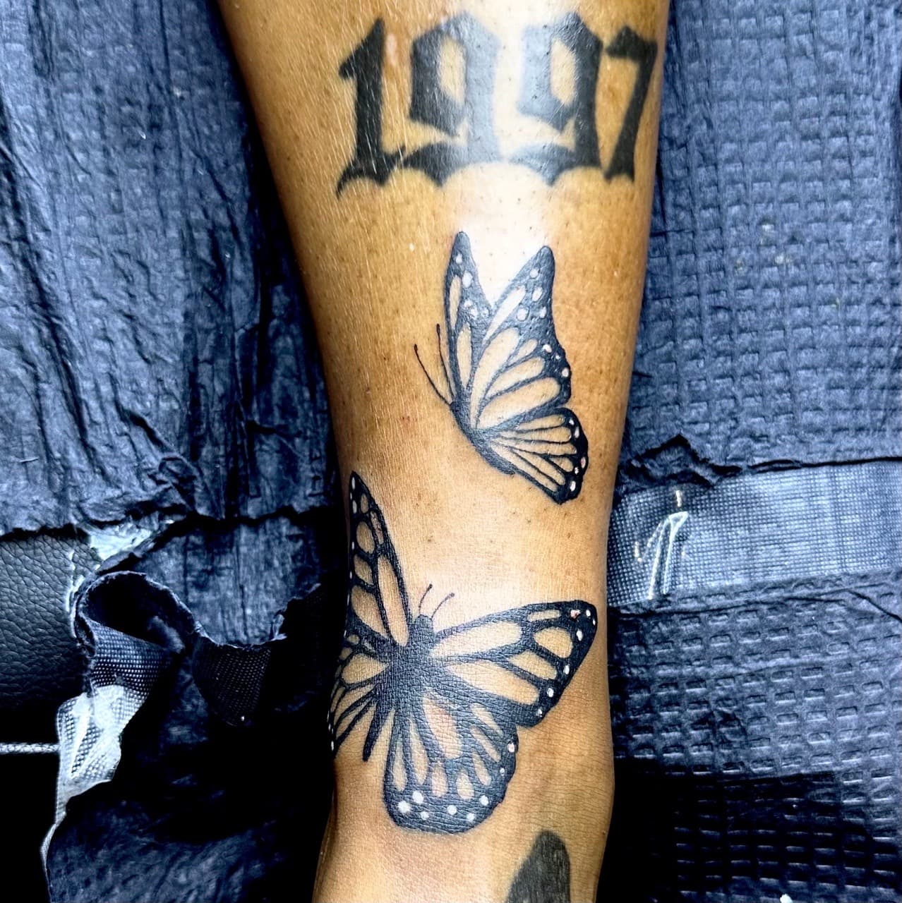 Black-work + Dot-work butterflies tattoo on Calf by xRay_The_Artist on TattMe