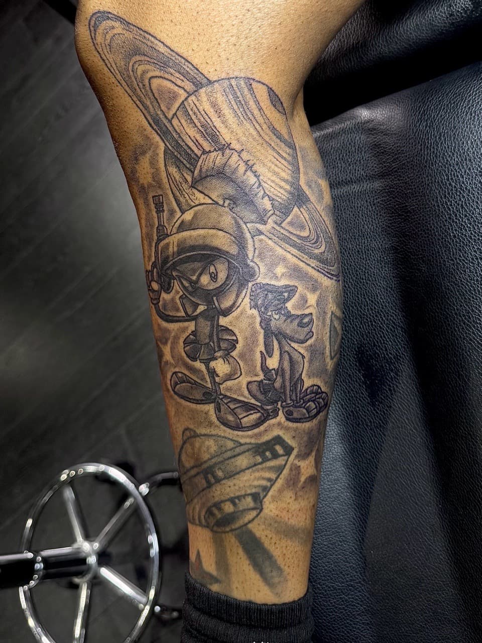 Cartoon + Black & Grey marvin the martian tattoo on Calf by xRay_The_Artist on TattMe